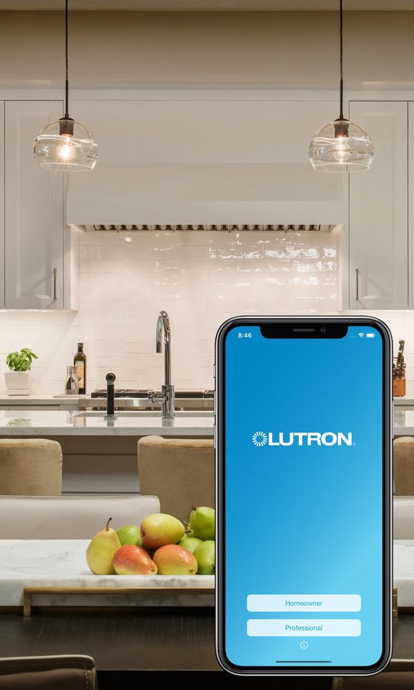 Lutron app on an iPhone in a kitchen