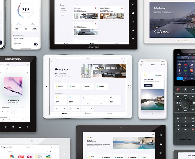 Écrans tactiles, télécommande et application Crestron Home